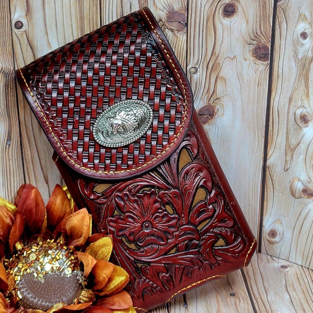 Horse Cowboy Belt Loop Phone Holster Brown Sz LARGE Genuine Leather Bask…